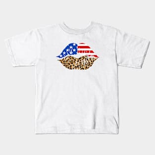 USA Flag Leopard Print Lips 4th of July Kids T-Shirt